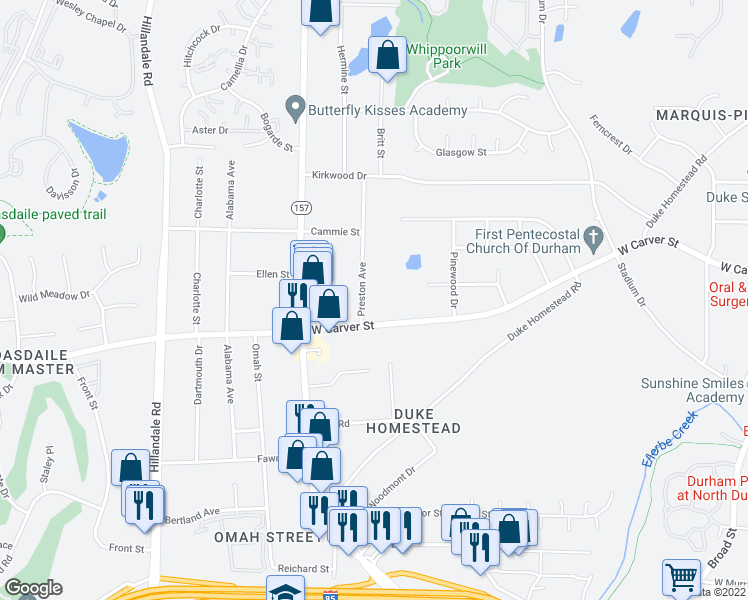 map of restaurants, bars, coffee shops, grocery stores, and more near 2512 Preston Avenue in Durham