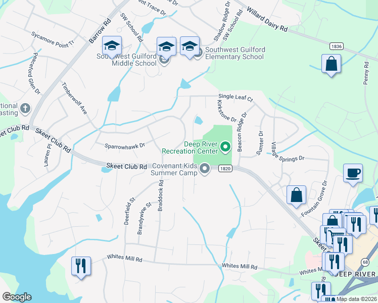 map of restaurants, bars, coffee shops, grocery stores, and more near 3343 Timberwolf Avenue in High Point