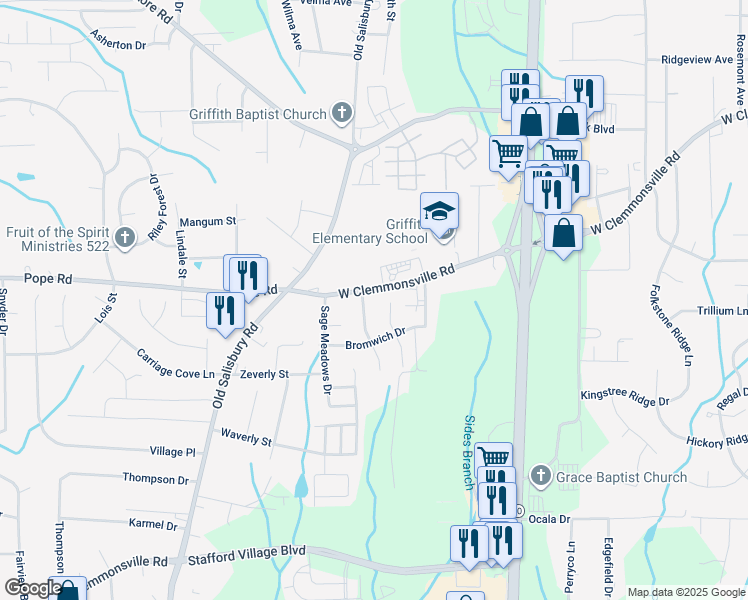 map of restaurants, bars, coffee shops, grocery stores, and more near 1448 West Clemmonsville Road in Winston-Salem