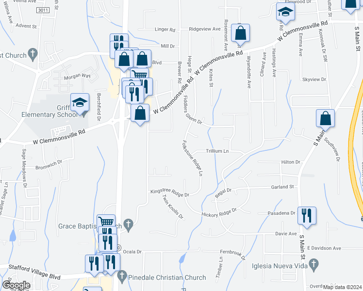 map of restaurants, bars, coffee shops, grocery stores, and more near 1225 Folkstone Ridge Lane in Winston-Salem