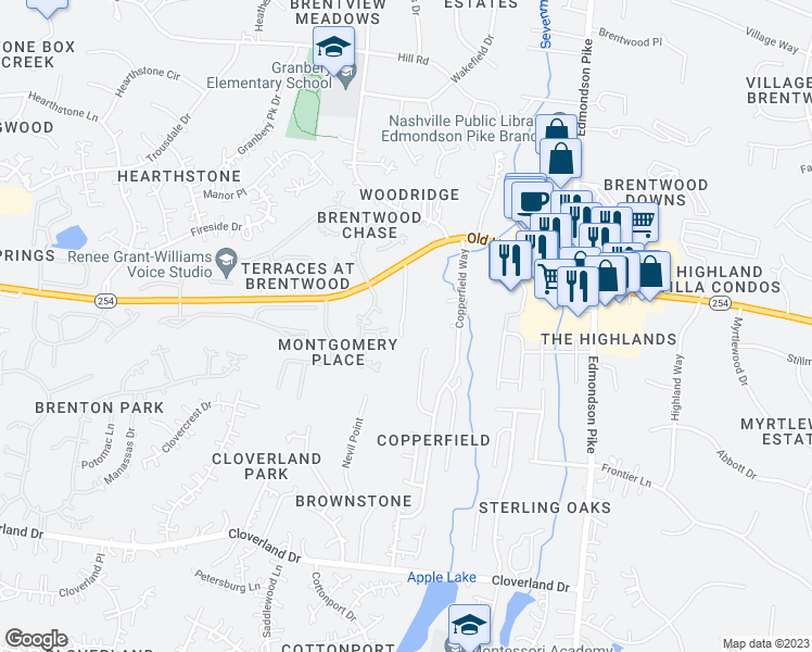 map of restaurants, bars, coffee shops, grocery stores, and more near 527 Old Hickory Boulevard in Brentwood