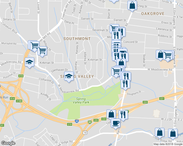 map of restaurants, bars, coffee shops, grocery stores, and more near 2503 Atlanta Street in Greensboro