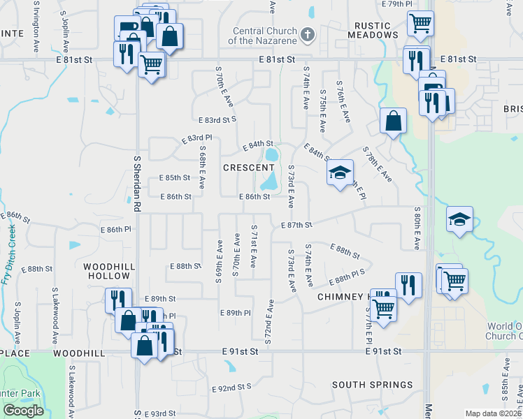 map of restaurants, bars, coffee shops, grocery stores, and more near 7111 East 86th Street in Tulsa
