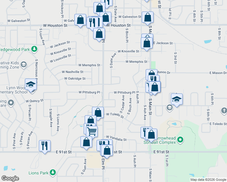 map of restaurants, bars, coffee shops, grocery stores, and more near 506 West Pittsburg Place in Broken Arrow