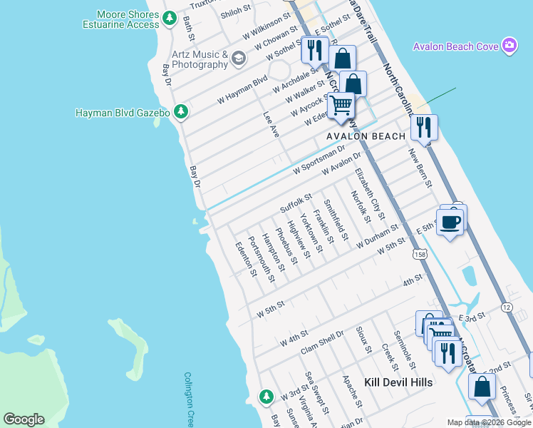 map of restaurants, bars, coffee shops, grocery stores, and more near 900 Suffolk Street in Kill Devil Hills