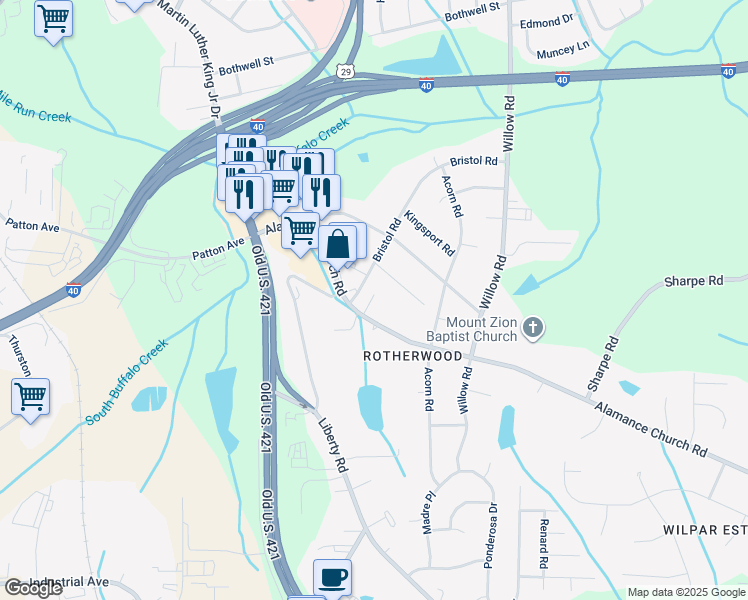 map of restaurants, bars, coffee shops, grocery stores, and more near 1109 Alamance Church Road in Greensboro