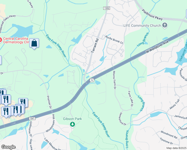 map of restaurants, bars, coffee shops, grocery stores, and more near 4290 Cedarcroft Court in Greensboro