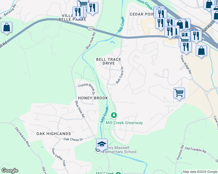 map of restaurants, bars, coffee shops, grocery stores, and more near 5427 Hickory Park Drive in Nashville