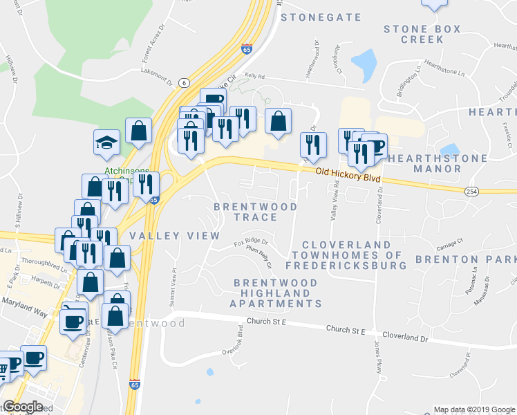 map of restaurants, bars, coffee shops, grocery stores, and more near 5871 Brentwood Trace in Brentwood