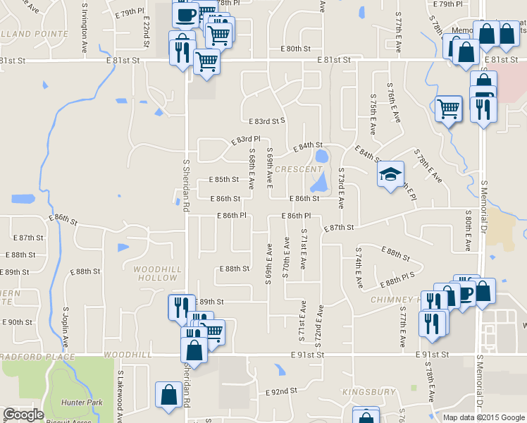 map of restaurants, bars, coffee shops, grocery stores, and more near 8616 South 69th East Avenue in Tulsa