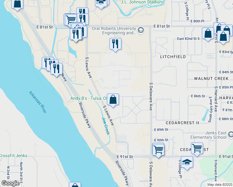 map of restaurants, bars, coffee shops, grocery stores, and more near 2423 East 87th Street in Tulsa
