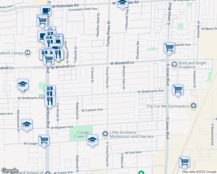 map of restaurants, bars, coffee shops, grocery stores, and more near 6499 Torrey Pines Drive in Las Vegas