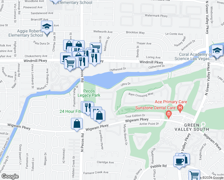 map of restaurants, bars, coffee shops, grocery stores, and more near 2500 Hacker Drive in Henderson