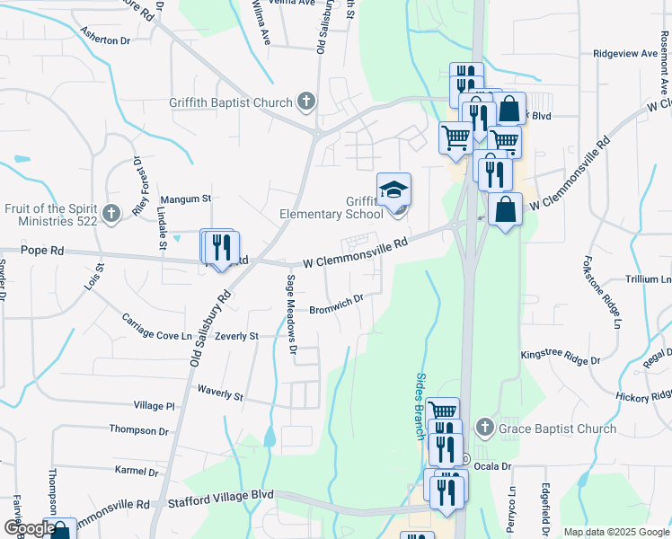 map of restaurants, bars, coffee shops, grocery stores, and more near 1448 West Clemmonsville Road in Winston-Salem