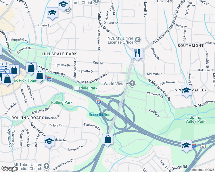 map of restaurants, bars, coffee shops, grocery stores, and more near 2005 Urban Drive in Greensboro