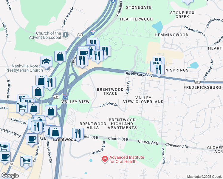 map of restaurants, bars, coffee shops, grocery stores, and more near 5795 Brentwood Trace in Brentwood