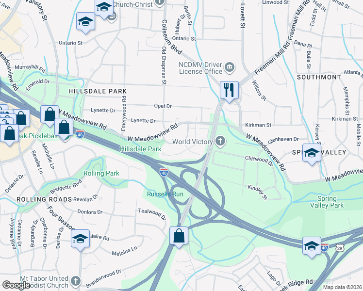 map of restaurants, bars, coffee shops, grocery stores, and more near 2005 Urban Drive in Greensboro