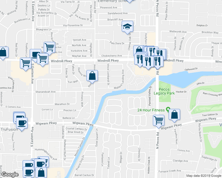 map of restaurants, bars, coffee shops, grocery stores, and more near 2719 Mallard Landing Ave in Henderson