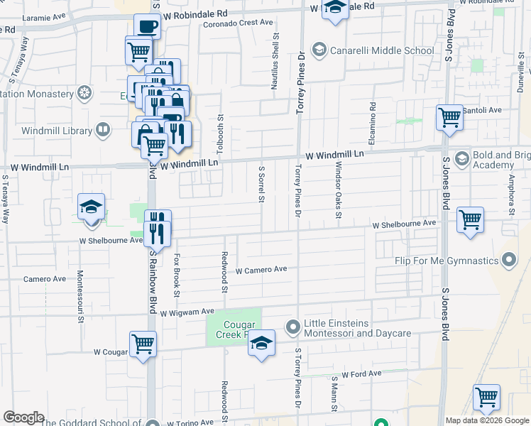 map of restaurants, bars, coffee shops, grocery stores, and more near 8221 Dover Canyon Court in Las Vegas