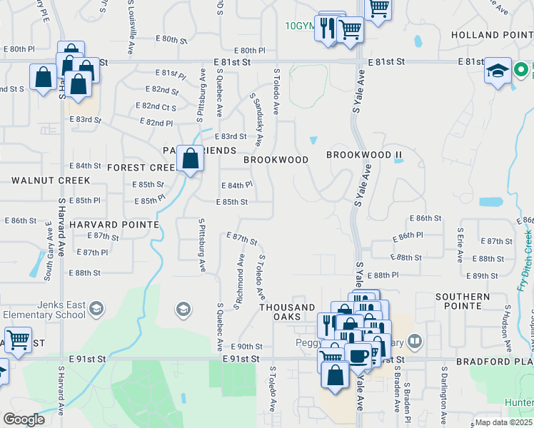 map of restaurants, bars, coffee shops, grocery stores, and more near 4339 East 86th Street in Tulsa