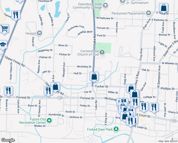 map of restaurants, bars, coffee shops, grocery stores, and more near 546 Ferguson Avenue in Dyersburg