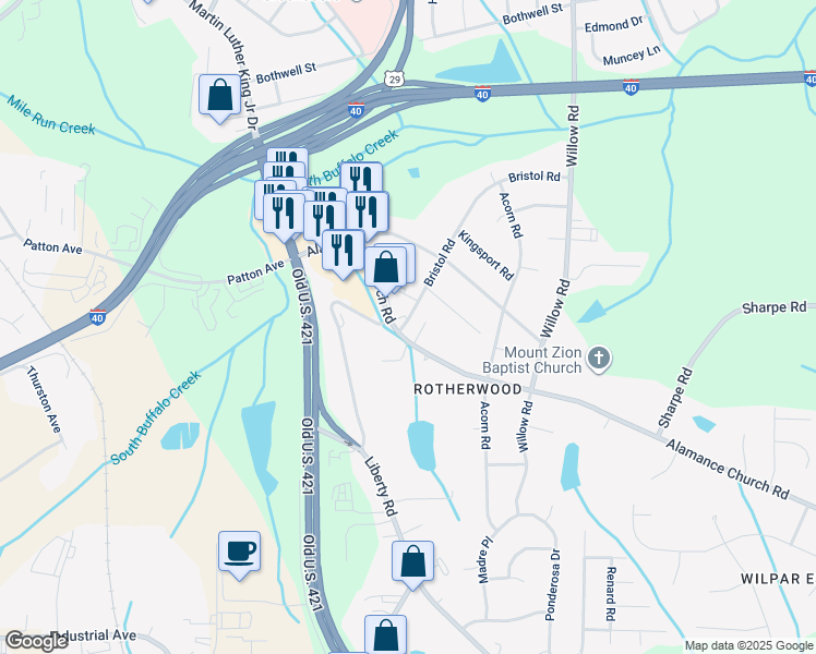 map of restaurants, bars, coffee shops, grocery stores, and more near 1101 Alamance Church Road in Greensboro