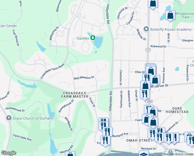 map of restaurants, bars, coffee shops, grocery stores, and more near 1 Shadow Moss in Durham