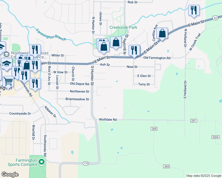 map of restaurants, bars, coffee shops, grocery stores, and more near 59 Terry Street in Farmington