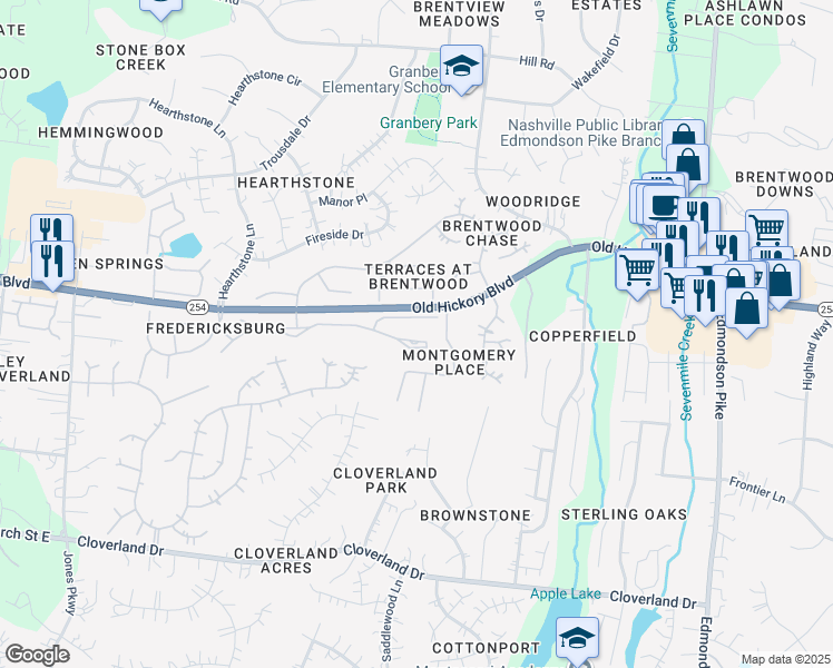 map of restaurants, bars, coffee shops, grocery stores, and more near 601 Old Hickory Boulevard in Brentwood