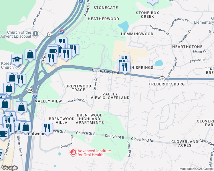 map of restaurants, bars, coffee shops, grocery stores, and more near 5619 Valley View Road in Brentwood