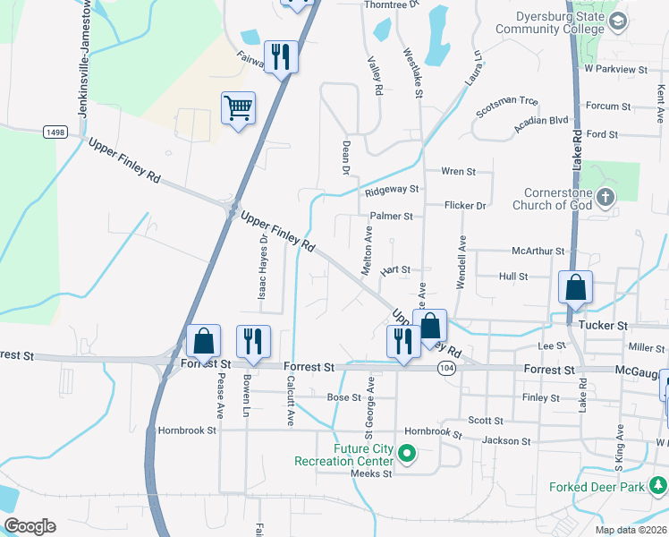 map of restaurants, bars, coffee shops, grocery stores, and more near 1395 Upper Finley Road in Dyersburg