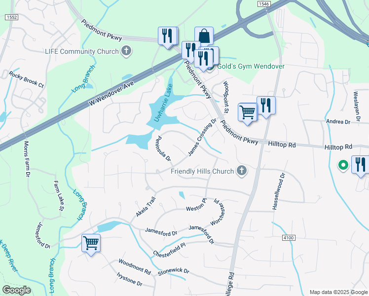 map of restaurants, bars, coffee shops, grocery stores, and more near 3102 James Bay Court in Jamestown