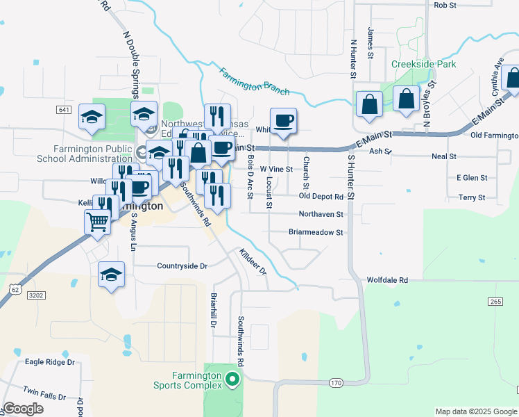 map of restaurants, bars, coffee shops, grocery stores, and more near 122 Northaven Street in Farmington