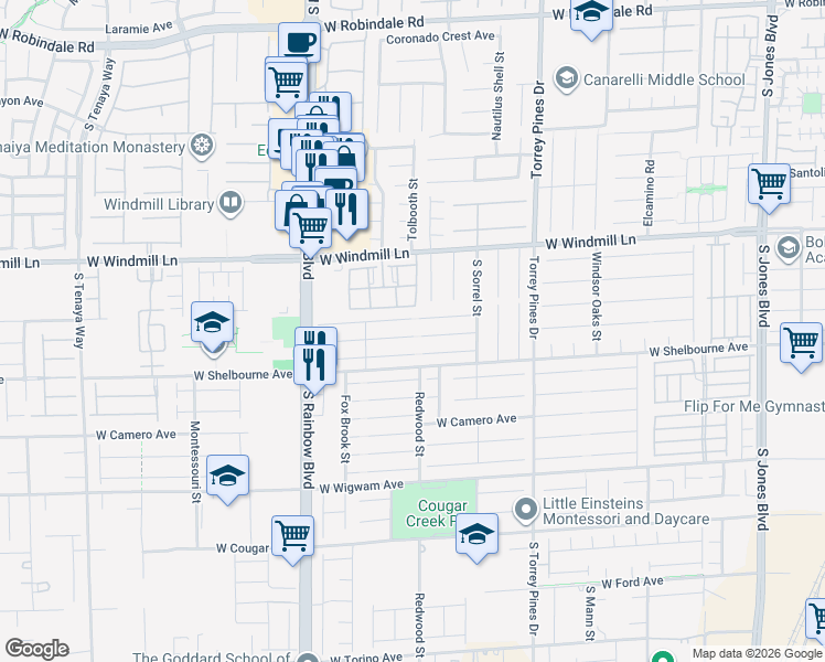 map of restaurants, bars, coffee shops, grocery stores, and more near 6694 Melodic Court in Las Vegas