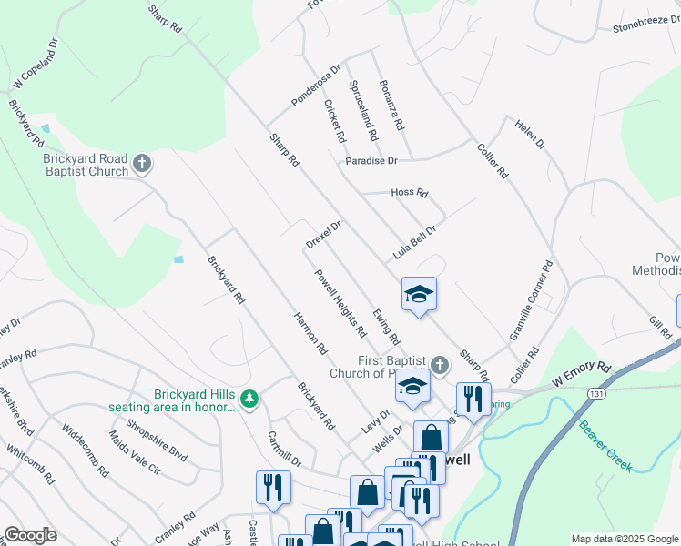 map of restaurants, bars, coffee shops, grocery stores, and more near 8009 Ewing Road in Powell