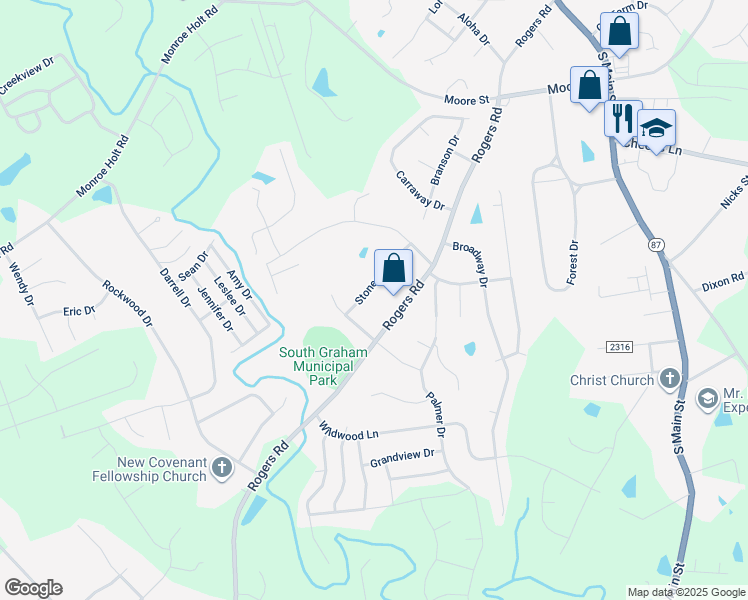 map of restaurants, bars, coffee shops, grocery stores, and more near 1522 Stonegate Drive in Graham