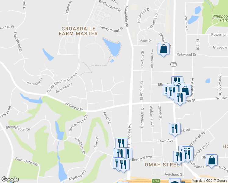 map of restaurants, bars, coffee shops, grocery stores, and more near 1 Shadow Moss in Durham