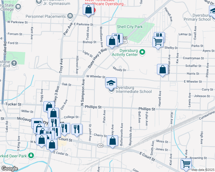 map of restaurants, bars, coffee shops, grocery stores, and more near 725 Tibbs Street in Dyersburg