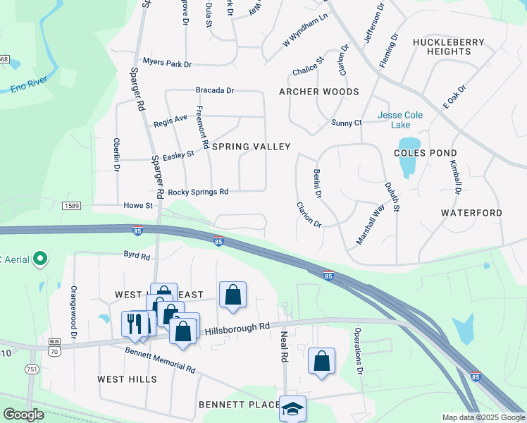 map of restaurants, bars, coffee shops, grocery stores, and more near 84 Sparger Springs Lane in Durham