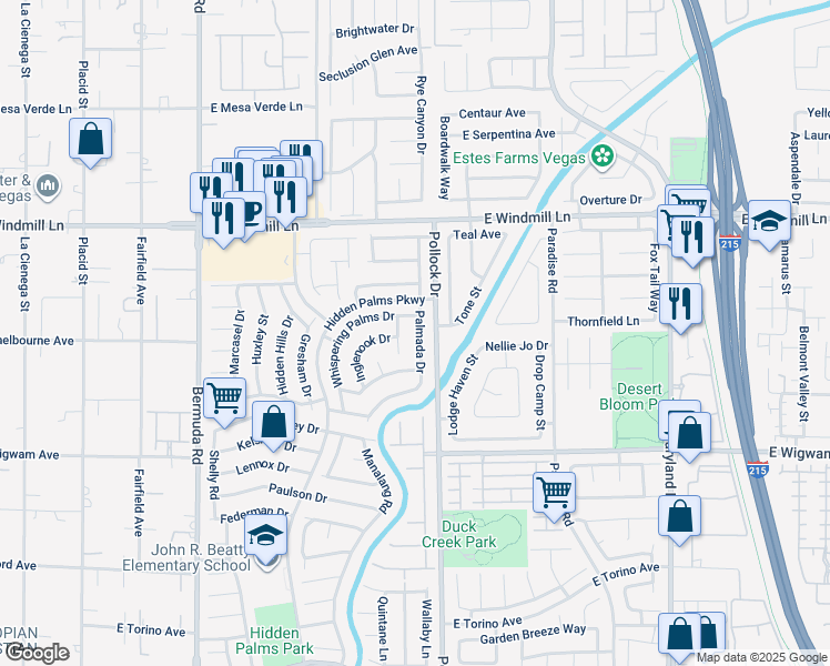 map of restaurants, bars, coffee shops, grocery stores, and more near 8297 Palmada Drive in Las Vegas