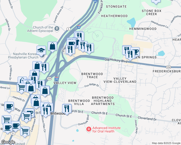 map of restaurants, bars, coffee shops, grocery stores, and more near 5871 Brentwood Trace in Brentwood