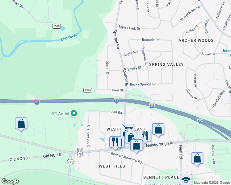 map of restaurants, bars, coffee shops, grocery stores, and more near 4715 Howe Street in Durham