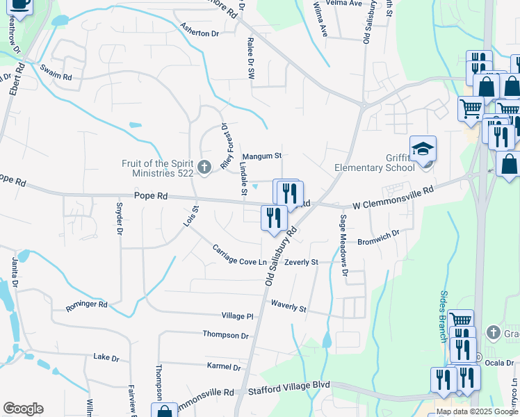 map of restaurants, bars, coffee shops, grocery stores, and more near 1715 Silver Chase Court in Winston-Salem
