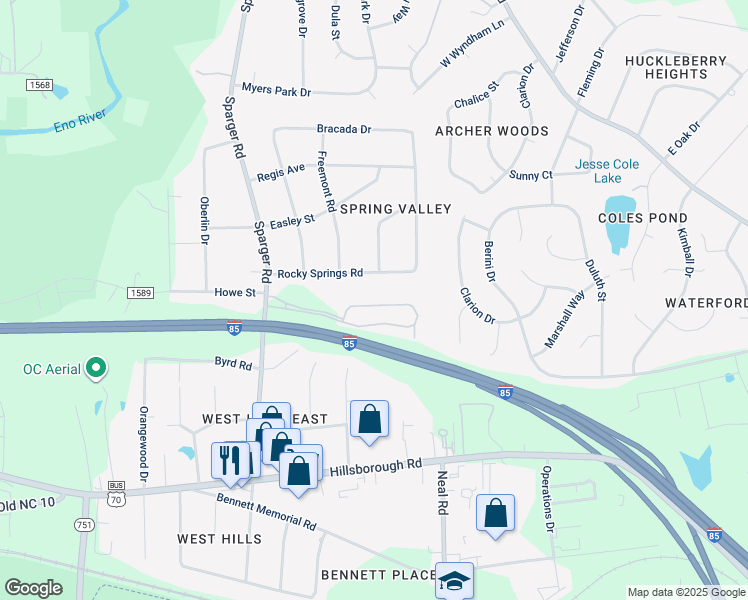 map of restaurants, bars, coffee shops, grocery stores, and more near 108 Sparger Springs Lane in Durham