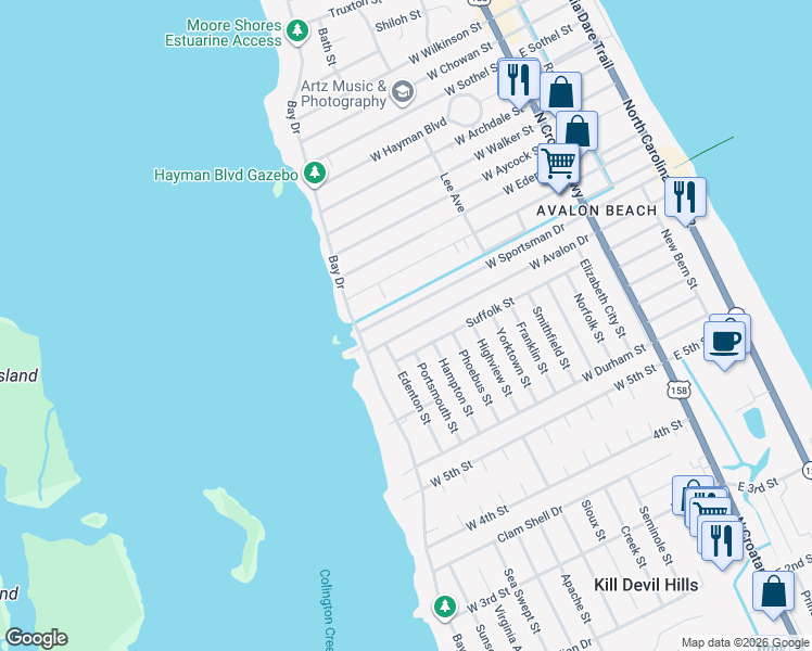 map of restaurants, bars, coffee shops, grocery stores, and more near 1006 West Avalon Drive in Kill Devil Hills