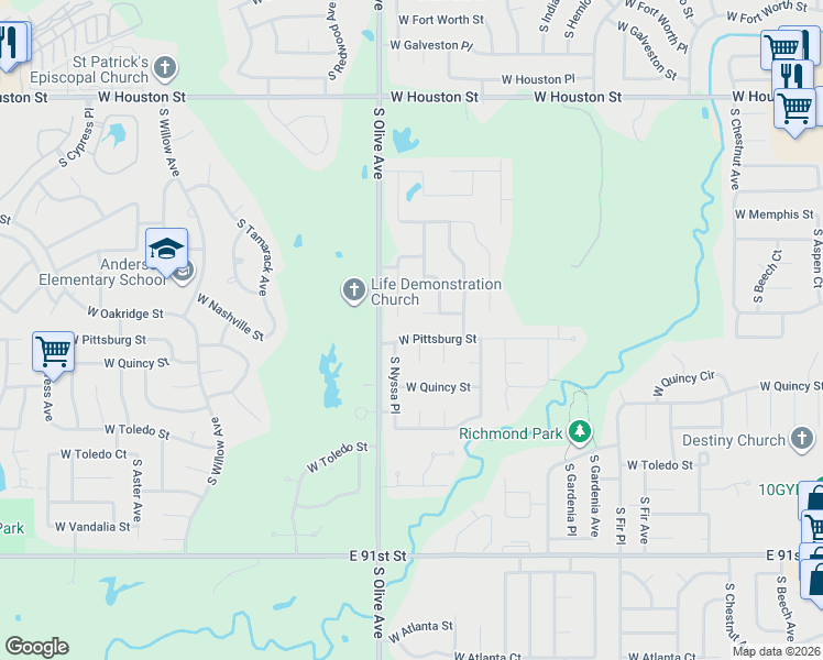 map of restaurants, bars, coffee shops, grocery stores, and more near 3504 West Pittsburg Street in Broken Arrow