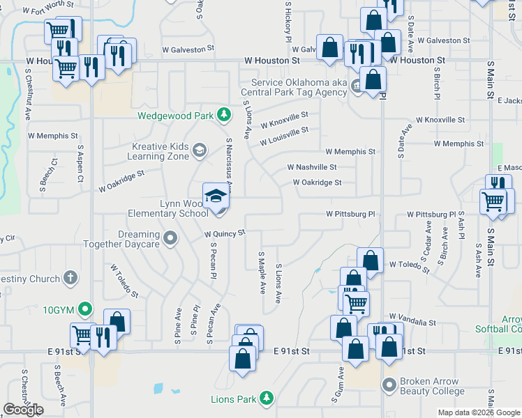 map of restaurants, bars, coffee shops, grocery stores, and more near 1322 West Pittsburg Place in Broken Arrow