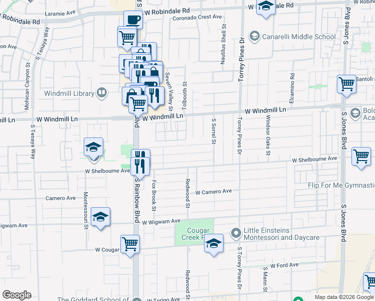 map of restaurants, bars, coffee shops, grocery stores, and more near 6694 Melodic Court in Las Vegas