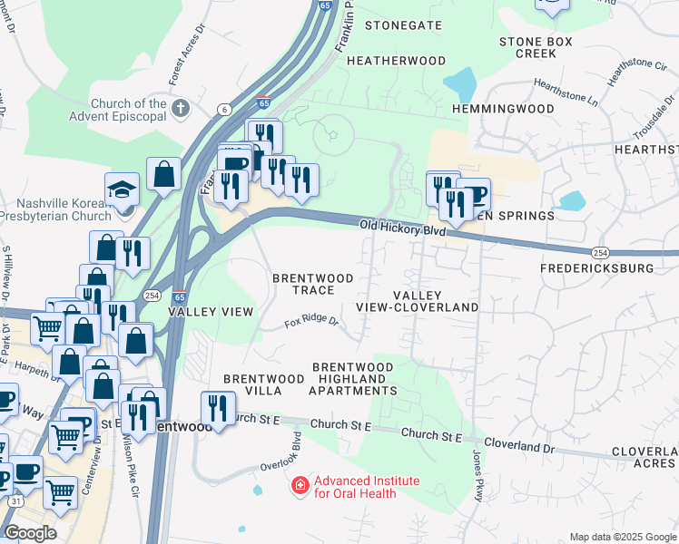 map of restaurants, bars, coffee shops, grocery stores, and more near 5777 Brentwood Trace in Brentwood