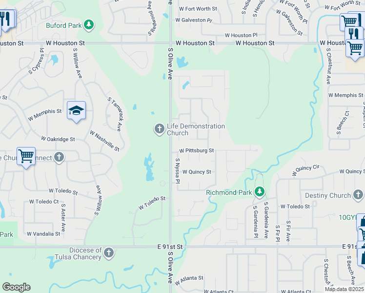 map of restaurants, bars, coffee shops, grocery stores, and more near 3508 West Pittsburg Street in Broken Arrow
